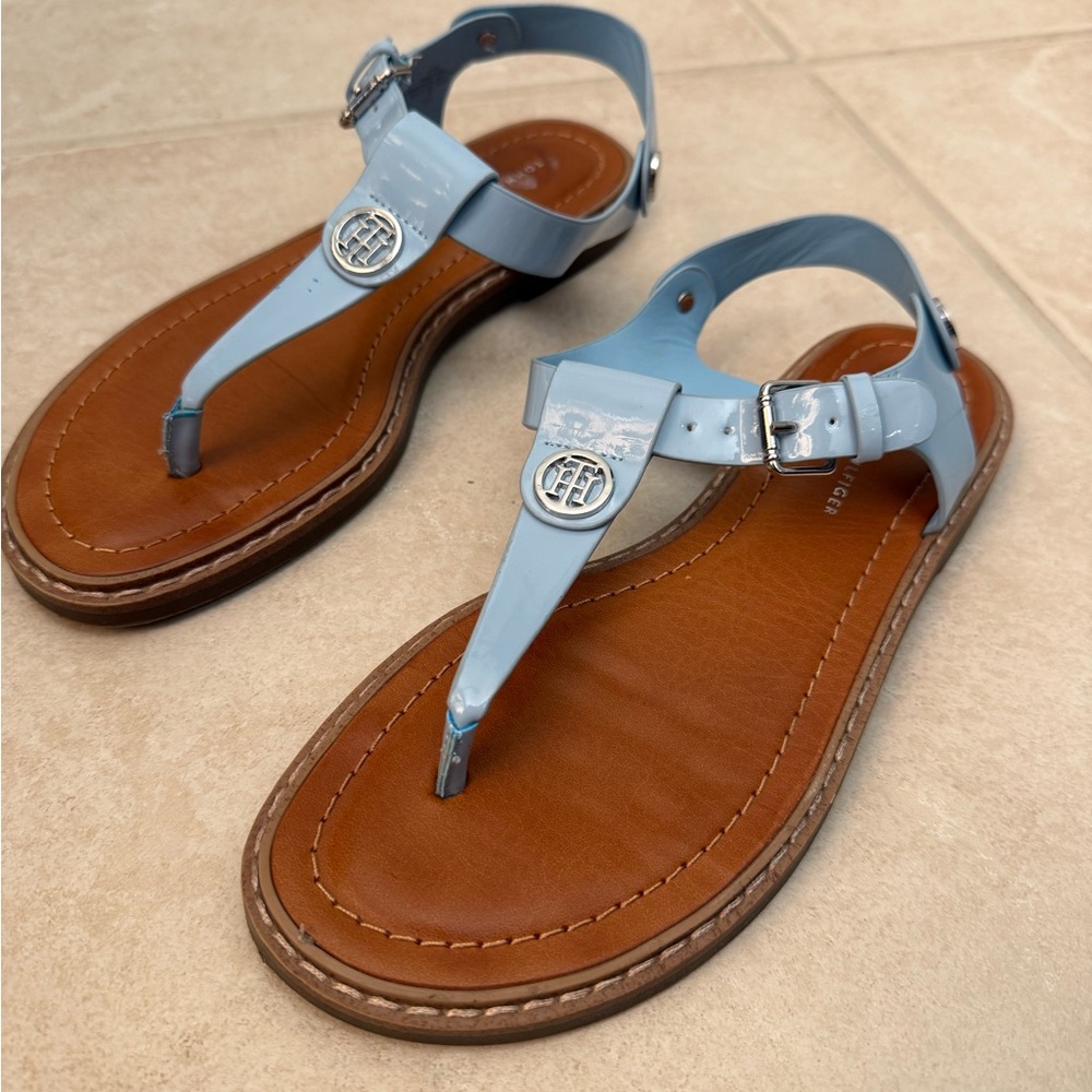 Tommy Hilfiger Light Blue Patent Leather T-Strap Sandals